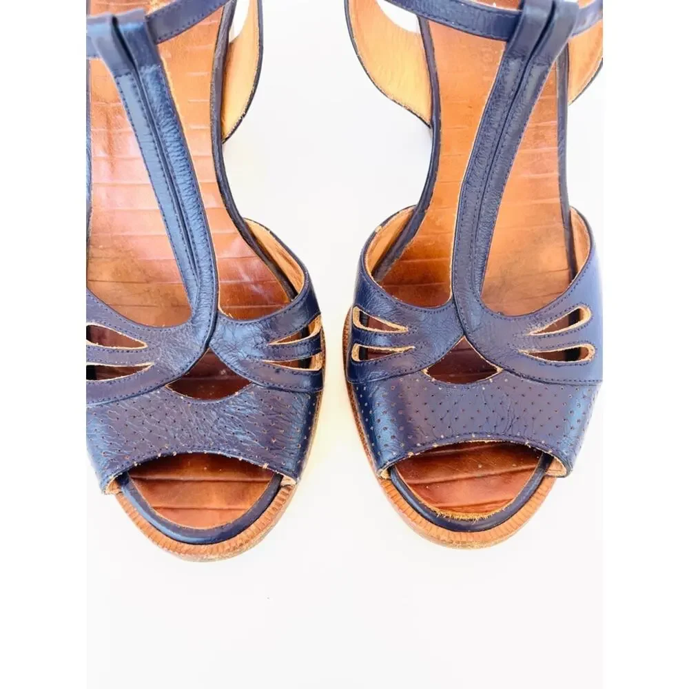 Chie Mihara Navy Blue Leather T-Strap Wedge Cutout Sandals Size 38 70s Style